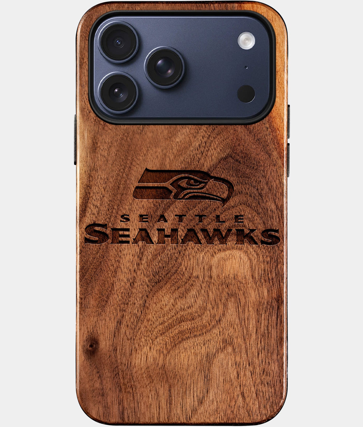 Eco-friendly Seattle Seahawks iPhone 17 Pro Max Case - Carved Wood Custom Seattle Seahawks Gift For Him - Monogrammed Personalized iPhone 17 Pro Max Cover By Aldergrove & Oak