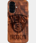 Eco-friendly Brooklyn Nets iPhone 16 Case - Carved Wood Custom Brooklyn Nets Gift For Him - Monogrammed Personalized iPhone 16 Cover By Aldergrove & Oak