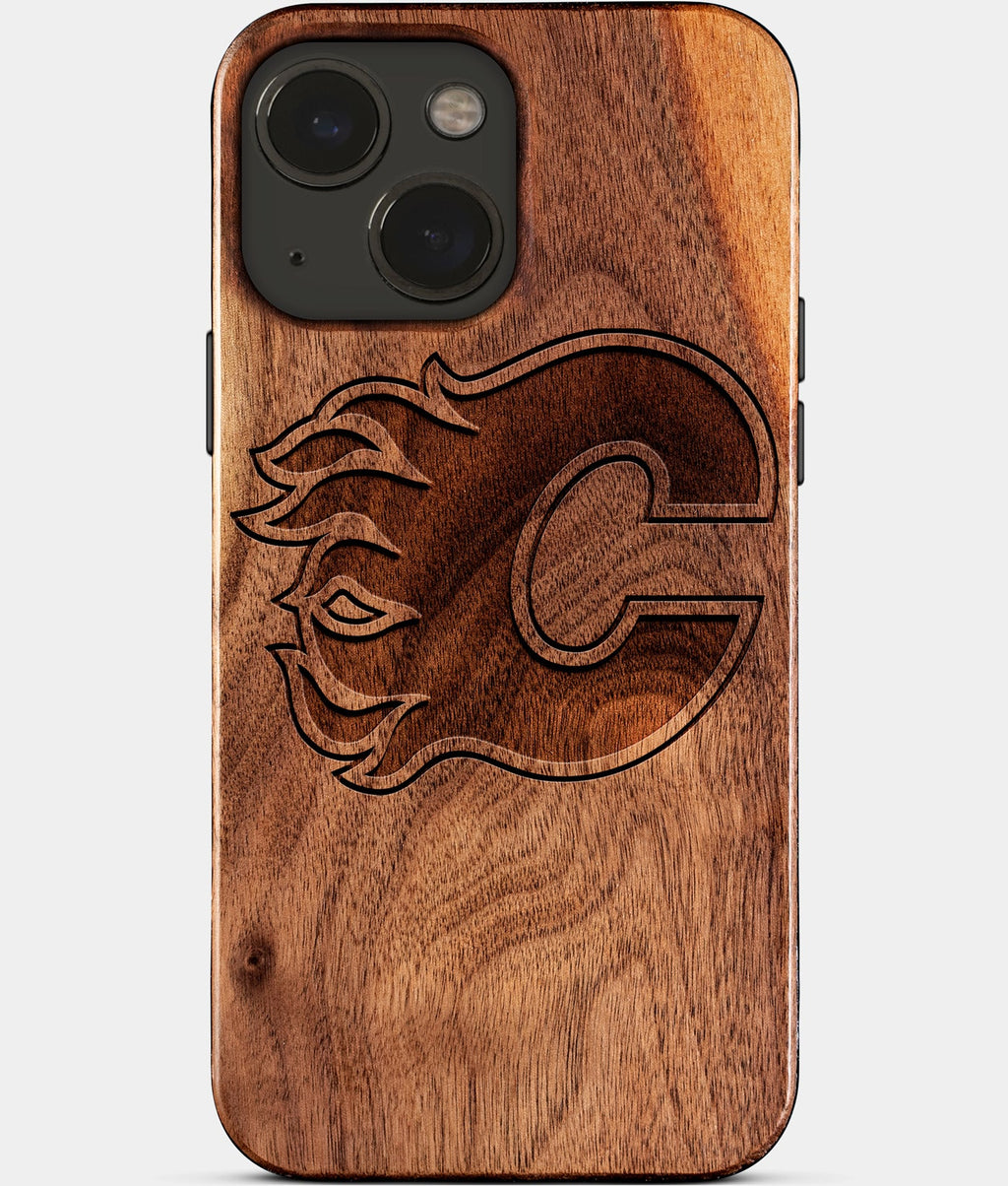 Eco-friendly Calgary Flames iPhone 15 Case - Carved Wood Custom Calgary Flames Gift For Him - Monogrammed Personalized iPhone 15 Cover By Aldergrove & Oak