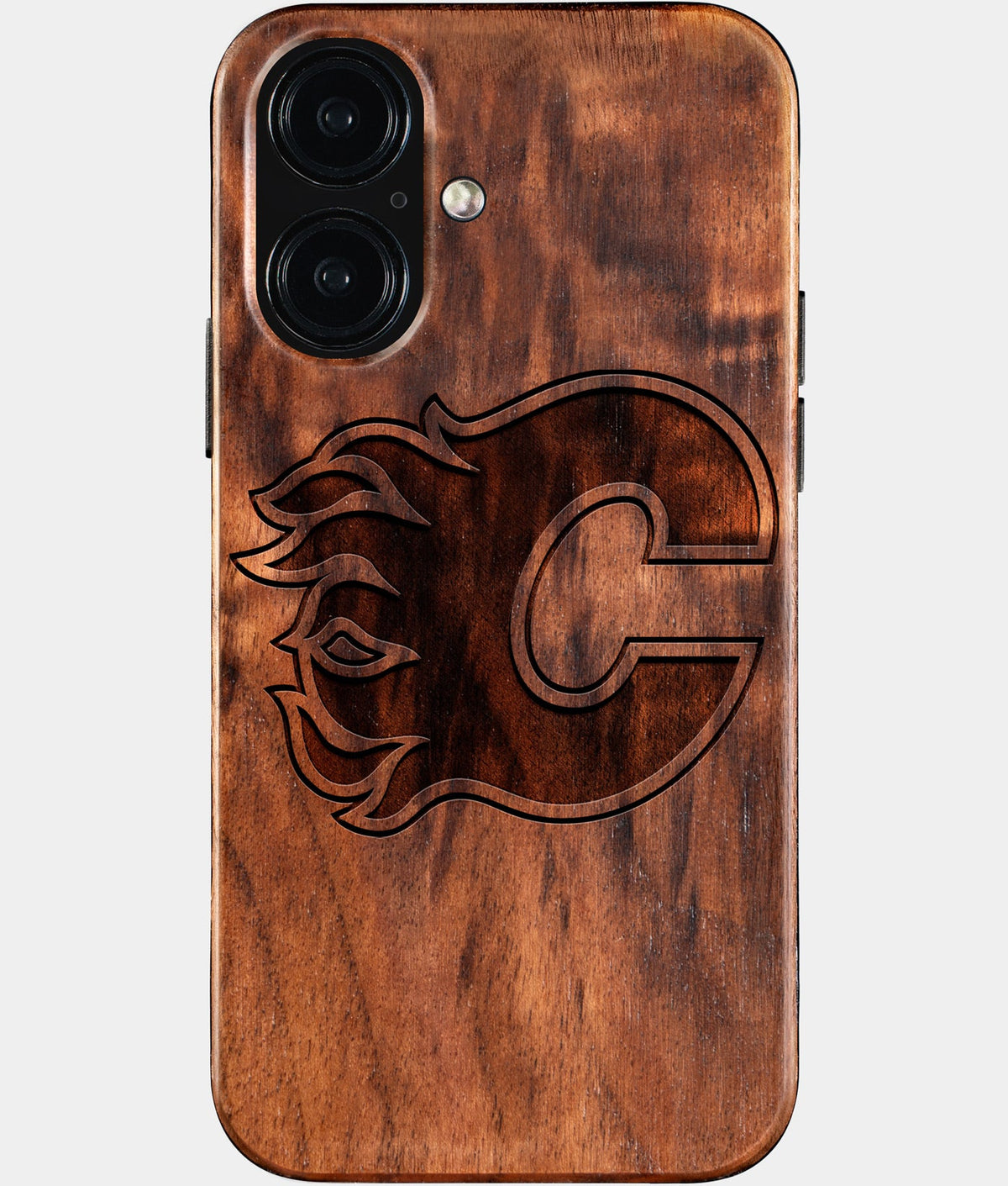 Eco-friendly Calgary Flames iPhone 16 Case - Carved Wood Custom Calgary Flames Gift For Him - Monogrammed Personalized iPhone 16 Cover By Aldergrove & Oak