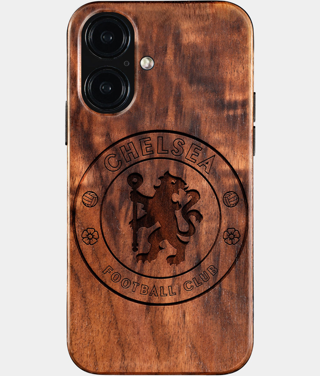 Eco-friendly Chelsea FC iPhone 16 Case - Carved Wood Custom Chelsea FC Gift For Him - Monogrammed Personalized iPhone 16 Cover By Aldergrove & Oak