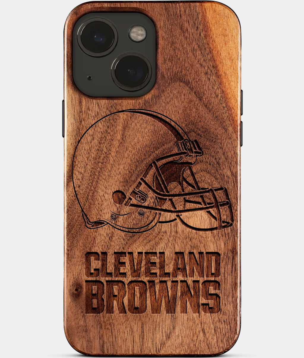 Eco-friendly Cleveland Browns iPhone 15 Case - Carved Wood Custom Cleveland Browns Gift For Him - Monogrammed Personalized iPhone 15 Cover By Aldergrove & Oak