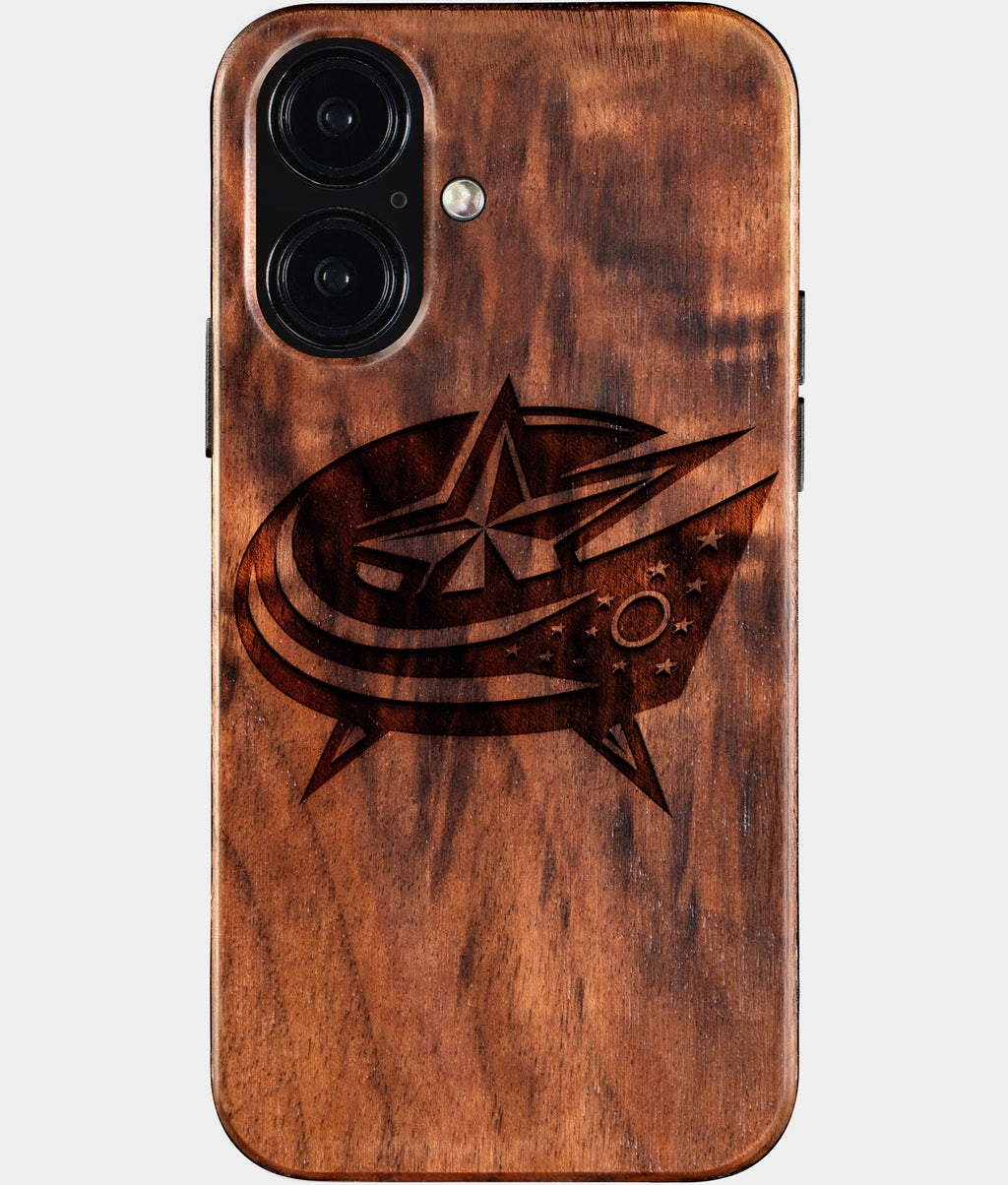 Eco-friendly Columbus Blue Jackets iPhone 16 Case - Carved Wood Custom Columbus Blue Jackets Gift For Him - Monogrammed Personalized iPhone 16 Cover By Aldergrove & Oak