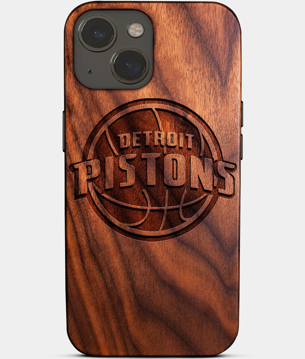 Eco-friendly Detroit Pistons iPhone 14 Case - Carved Wood Custom Detroit Pistons Gift For Him - Monogrammed Personalized iPhone 14 Cover By Aldergrove & Oak