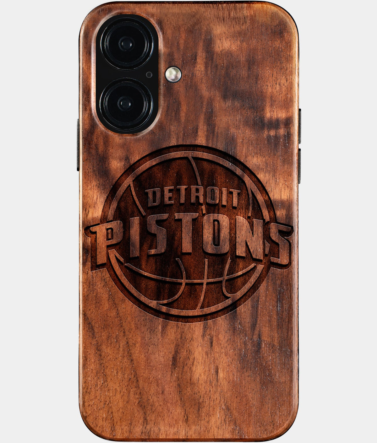 Eco-friendly Detroit Pistons iPhone 16 Case - Carved Wood Custom Detroit Pistons Gift For Him - Monogrammed Personalized iPhone 16 Cover By Aldergrove & Oak