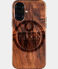 Eco-friendly Edmonton Oilers iPhone 16 Case - Carved Wood Custom Edmonton Oilers Gift For Him - Monogrammed Personalized iPhone 16 Cover By Aldergrove & Oak