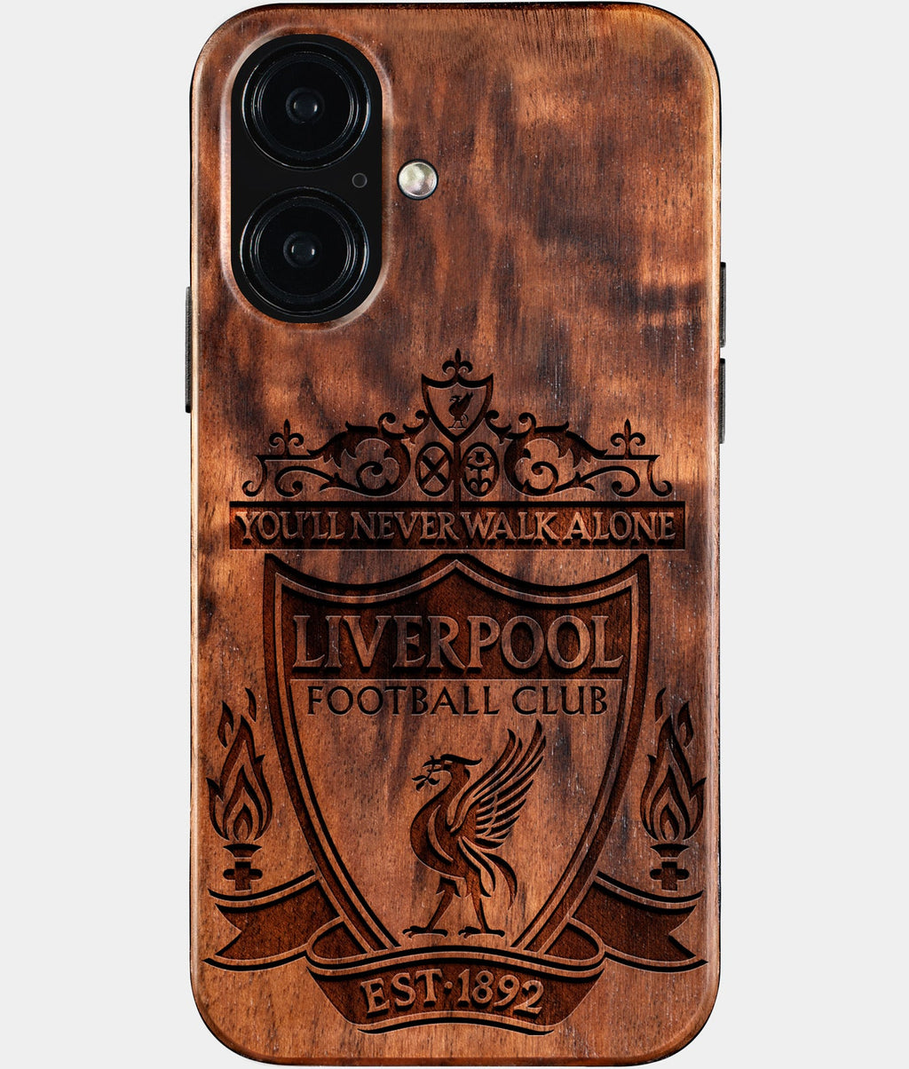 Eco-friendly Liverpool FC iPhone 16 Case - Carved Wood Custom Liverpool FC Gift For Him - Monogrammed Personalized iPhone 16 Cover By Aldergrove & Oak