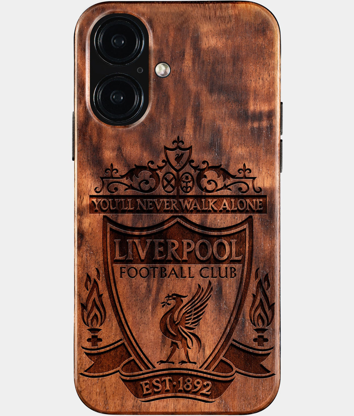 Eco-friendly Liverpool FC iPhone 16 Case - Carved Wood Custom Liverpool FC Gift For Him - Monogrammed Personalized iPhone 16 Cover By Aldergrove & Oak