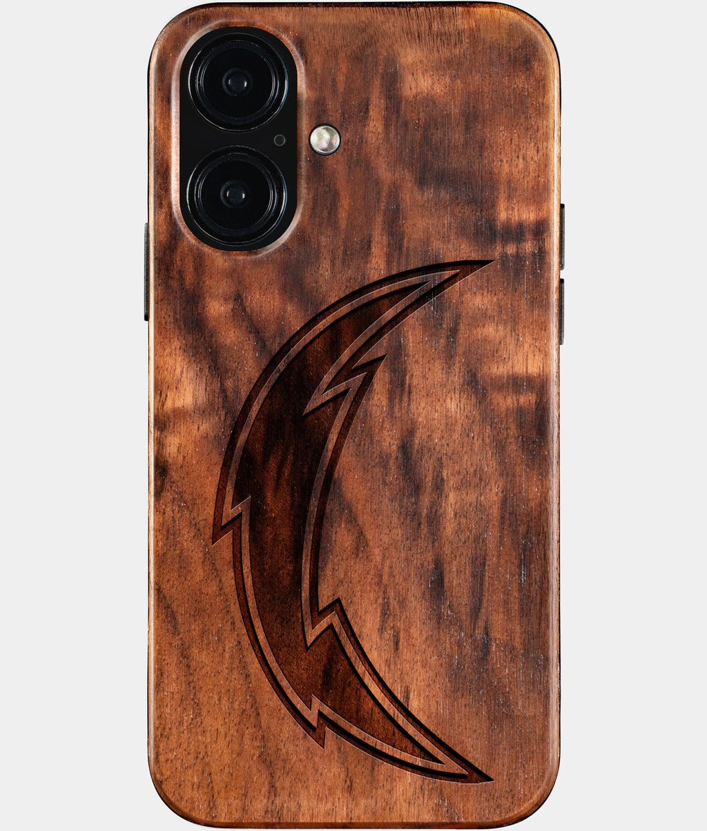 Eco-friendly Los Angeles Chargers iPhone 16 Case - Carved Wood Custom Los Angeles Chargers Gift For Him - Monogrammed Personalized iPhone 16 Cover By Aldergrove & Oak