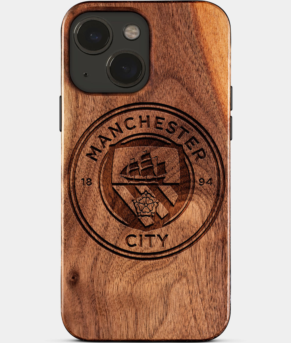 Eco-friendly Manchester City FC iPhone 15 Case - Carved Wood Custom Manchester City FC Gift For Him - Monogrammed Personalized iPhone 15 Cover By Aldergrove & Oak