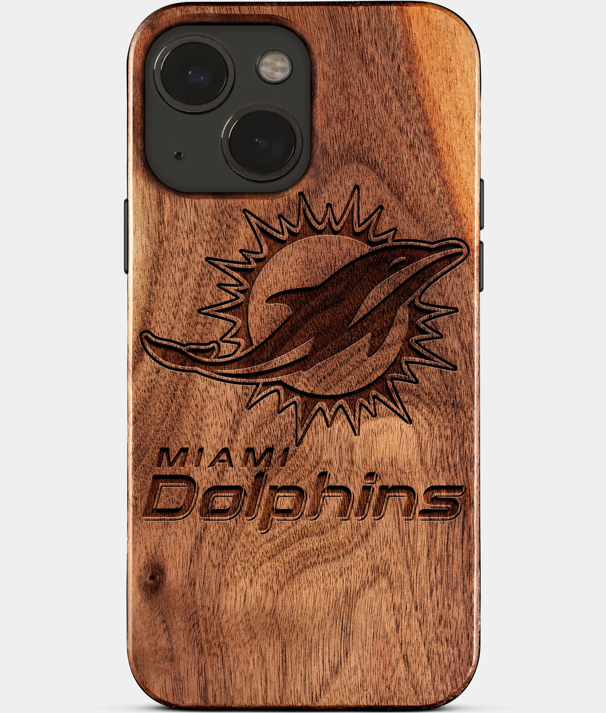 Eco-friendly Miami Dolphins iPhone 15 Case - Carved Wood Custom Miami Dolphins Gift For Him - Monogrammed Personalized iPhone 15 Cover By Aldergrove & Oak