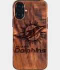 Eco-friendly Miami Dolphins iPhone 16 Case - Carved Wood Custom Miami Dolphins Gift For Him - Monogrammed Personalized iPhone 16 Cover By Aldergrove & Oak