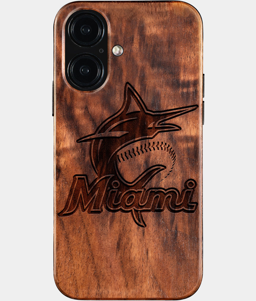 Eco-friendly Miami Marlins iPhone 16 Case - Carved Wood Custom Miami Marlins Gift For Him - Monogrammed Personalized iPhone 16 Cover By Aldergrove & Oak