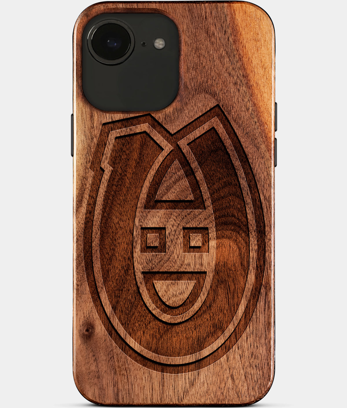 Eco-friendly Montreal Canadiens iPhone 16e Case - Carved Wood Custom Montreal Canadiens Gift For Him - Monogrammed Personalized iPhone 16e Cover By Aldergrove & Oak