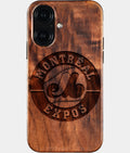 Eco-friendly Montreal Expos iPhone 16 Case - Carved Wood Custom Montreal Expos Gift For Him - Monogrammed Personalized iPhone 16 Cover By Aldergrove & Oak