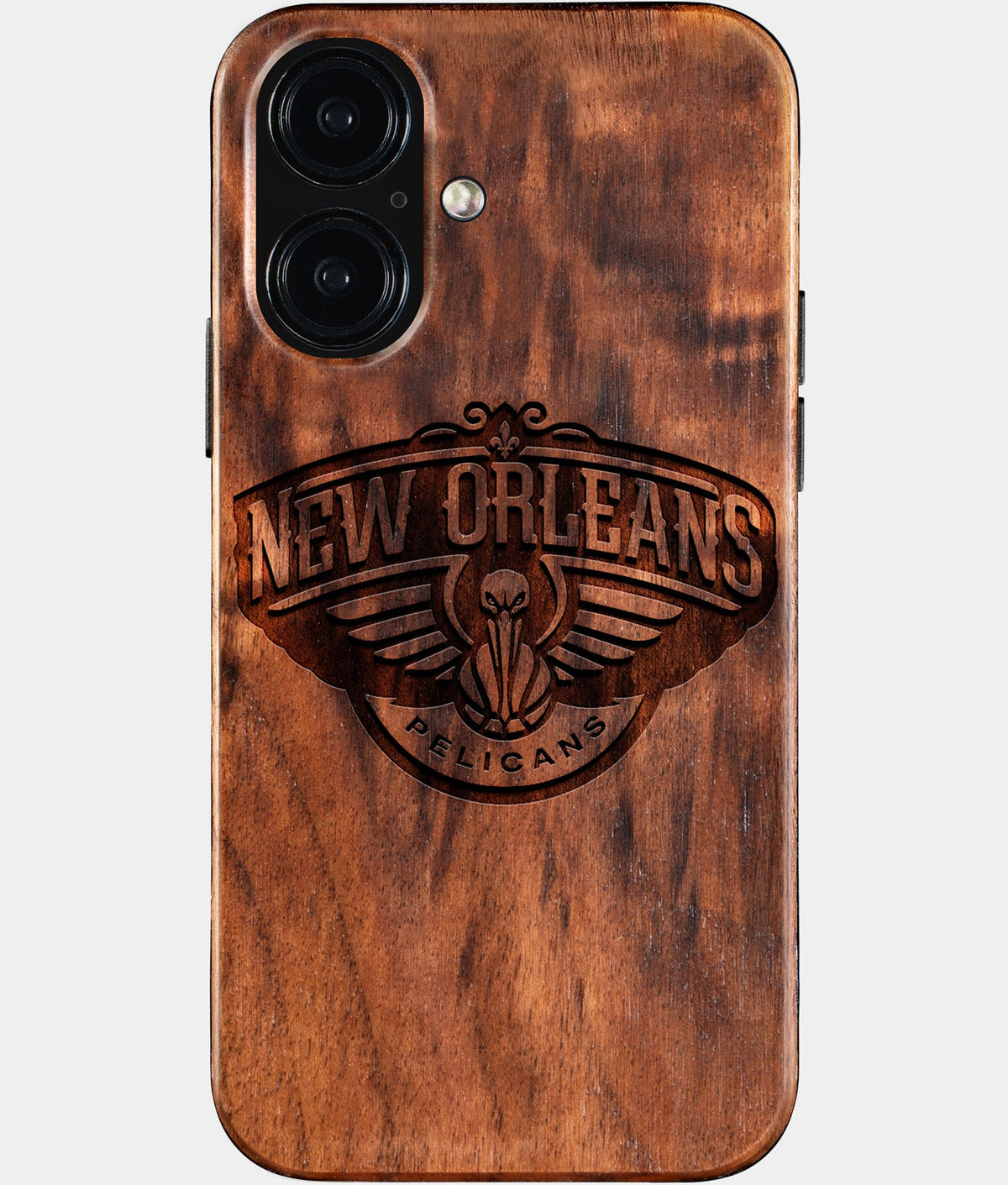 Eco-friendly New Orleans Pelicans iPhone 16 Case - Carved Wood Custom New Orleans Pelicans Gift For Him - Monogrammed Personalized iPhone 16 Cover By Aldergrove & Oak
