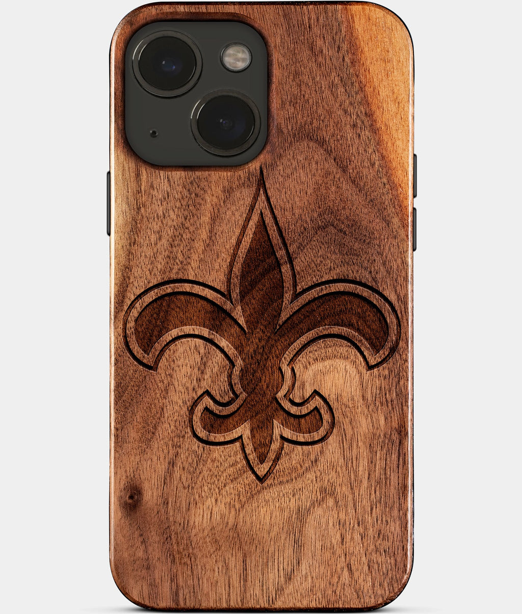 Eco-friendly New Orleans Saints iPhone 15 Case - Carved Wood Custom New Orleans Saints Gift For Him - Monogrammed Personalized iPhone 15 Cover By Aldergrove & Oak