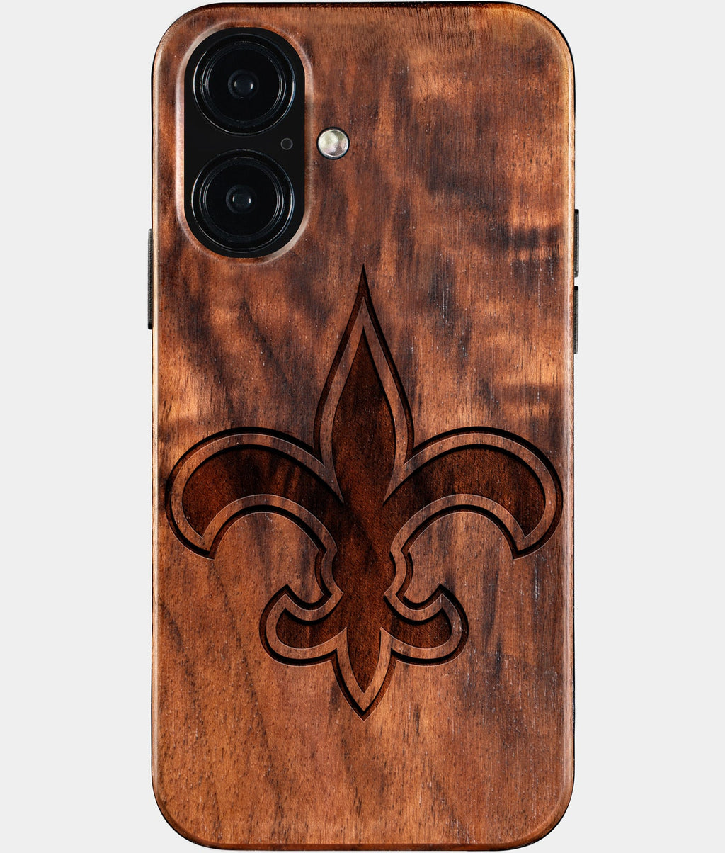 Eco-friendly New Orleans Saints iPhone 16 Case - Carved Wood Custom New Orleans Saints Gift For Him - Monogrammed Personalized iPhone 16 Cover By Aldergrove & Oak
