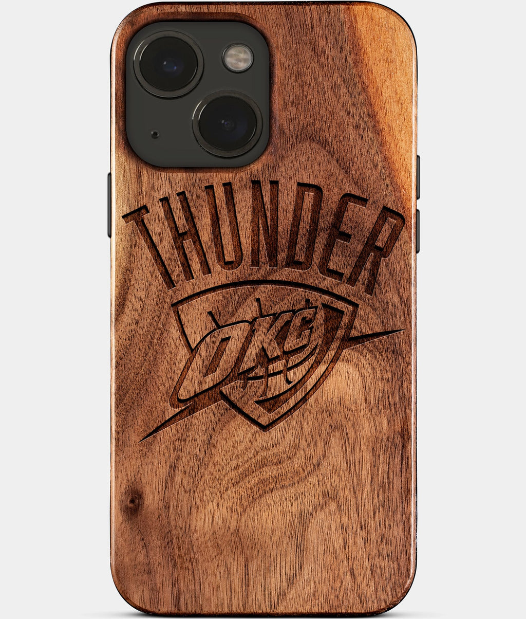 Eco-friendly OKC Thunder iPhone 15 Case - Carved Wood Custom OKC Thunder Gift For Him - Monogrammed Personalized iPhone 15 Cover By Aldergrove & Oak