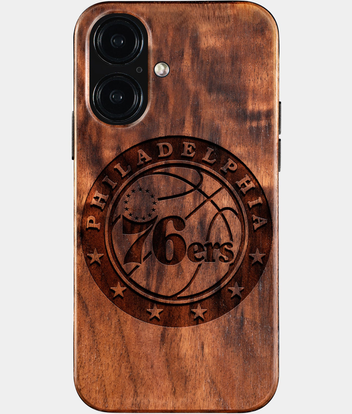 Eco-friendly Philadelphia 76Ers iPhone 16 Case - Carved Wood Custom Philadelphia 76Ers Gift For Him - Monogrammed Personalized iPhone 16 Cover By Aldergrove & Oak