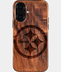 Eco-friendly Pittsburgh Steelers iPhone 16 Case - Carved Wood Custom Pittsburgh Steelers Gift For Him - Monogrammed Personalized iPhone 16 Cover By Aldergrove & Oak