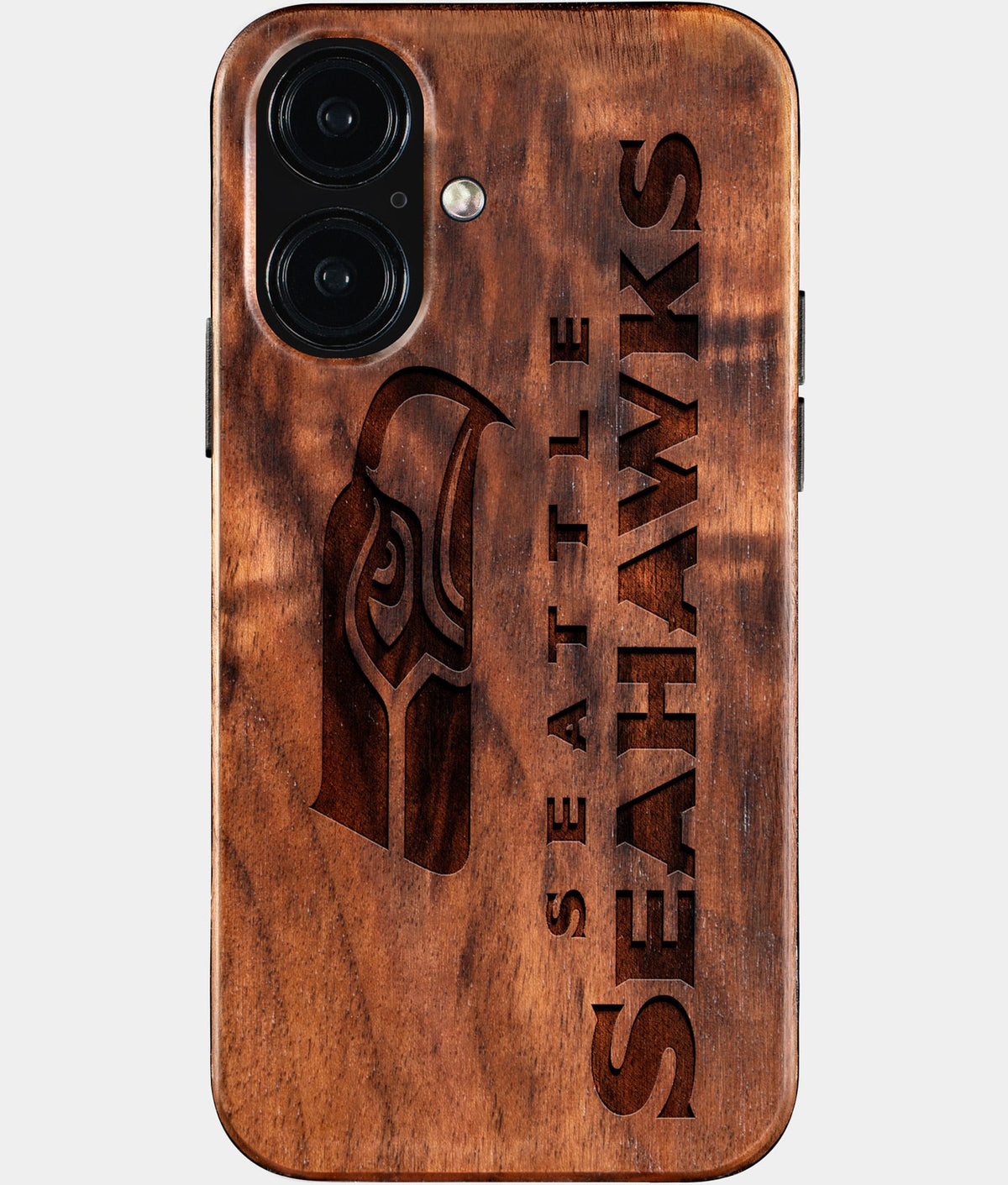 Eco-friendly Seattle Seahawks iPhone 16 Case - Carved Wood Custom Seattle Seahawks Gift For Him - Monogrammed Personalized iPhone 16 Cover By Aldergrove & Oak