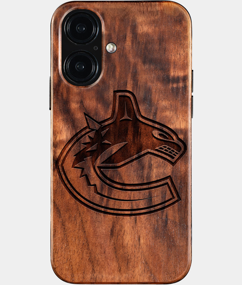 Eco-friendly Vancouver Canucks iPhone 16 Case - Carved Wood Custom Vancouver Canucks Gift For Him - Monogrammed Personalized iPhone 16 Cover By Aldergrove & Oak